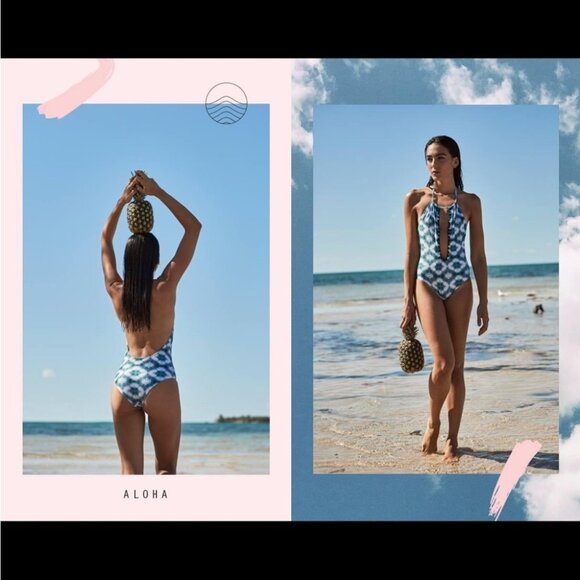 Capittana Aloha Swimsuit Blue White One Piece Monokini Bikini Halter Backless - Picture 16 of 16